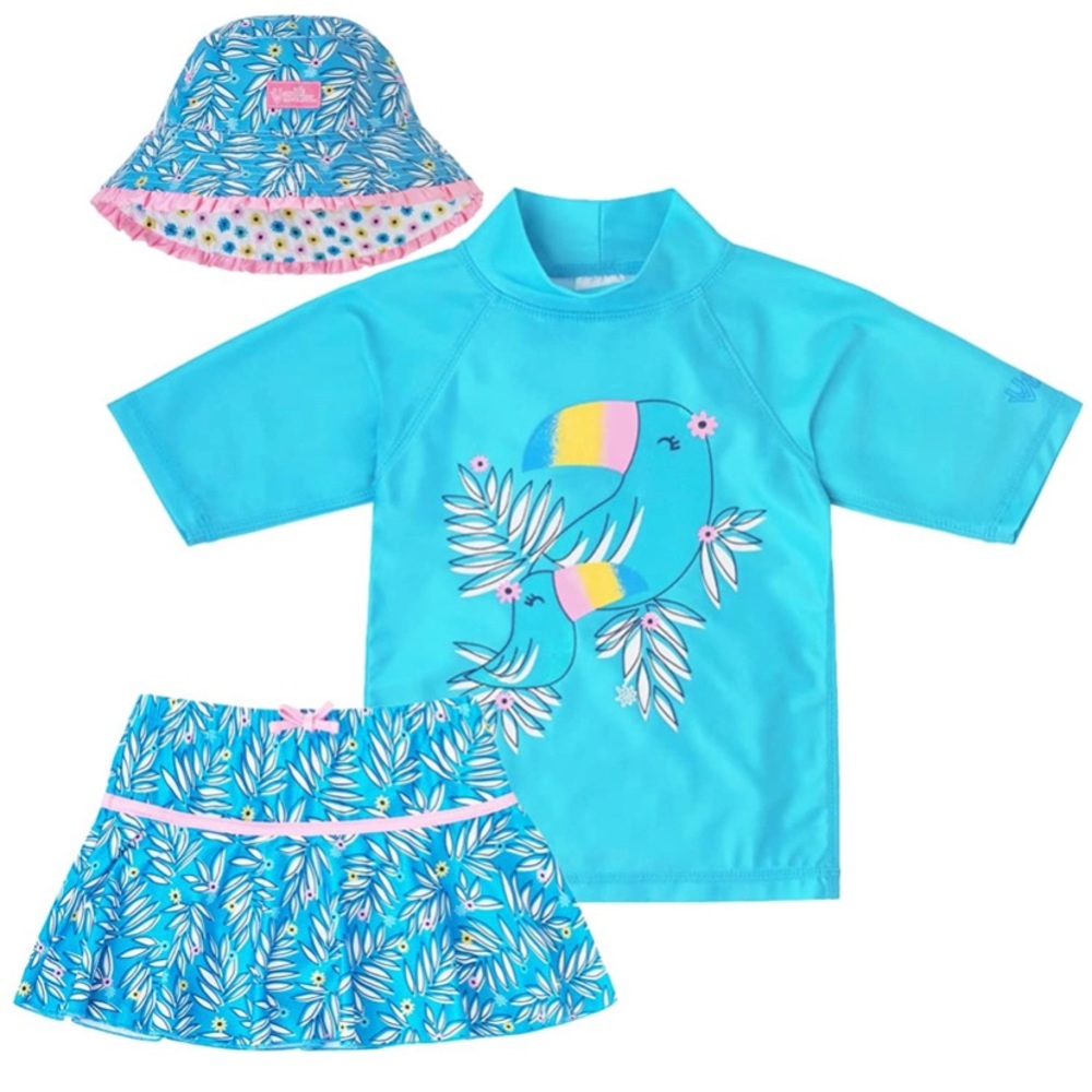 UV Skinz Girls Swim Set UPF 50+ Light Blue Tee Skirt Hat 3-Piece Tucan Floral